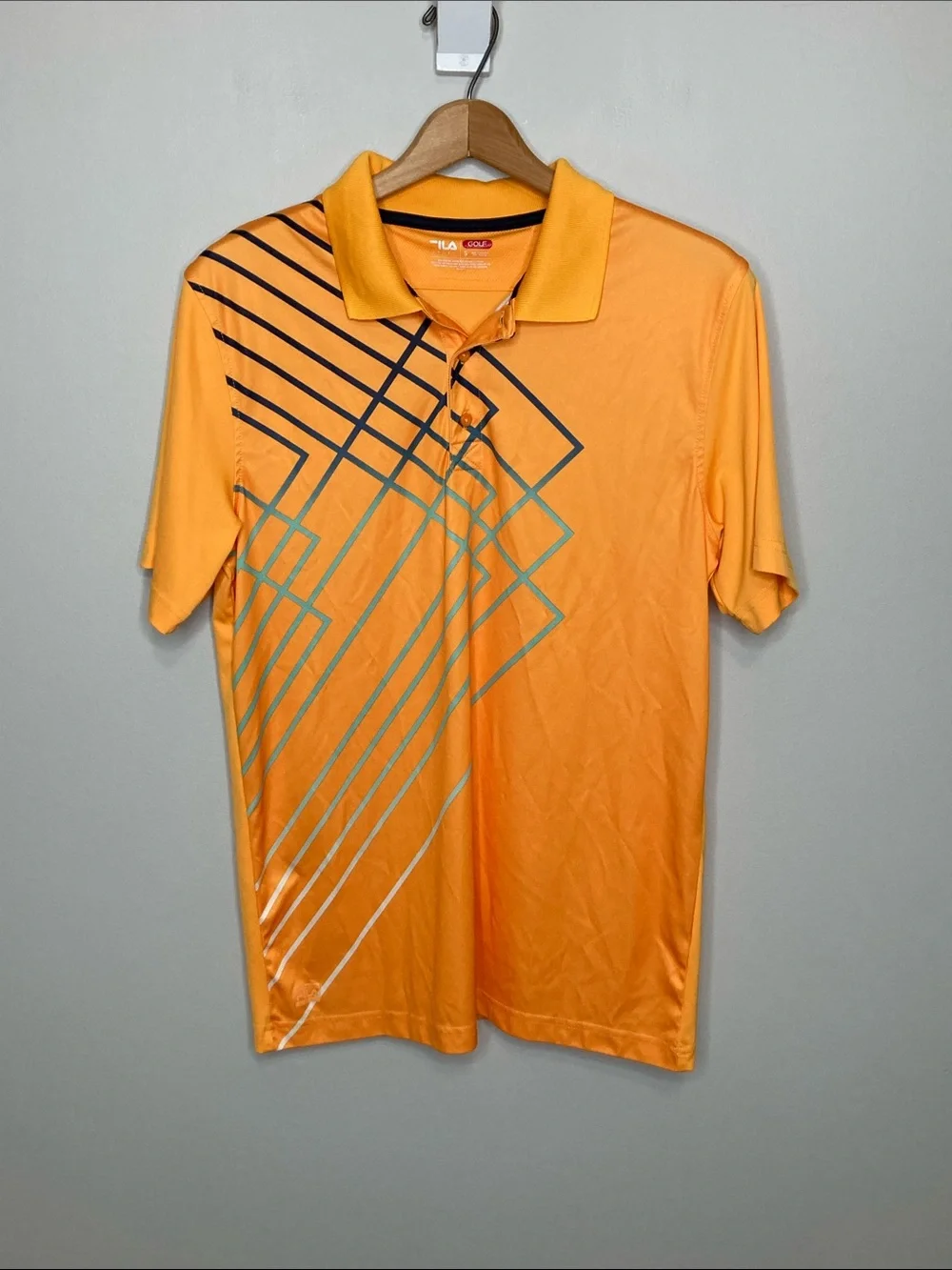 Fila Golf Men's Small Bright Orange Polo with Geometric Stripe Graphic in Blue